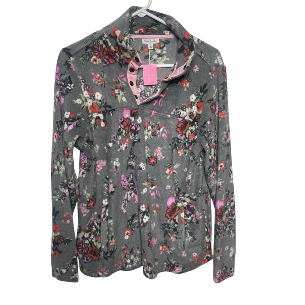 Vera Bradley Sporty Fleece Pullover Hope Blooms L Snap Up Gray Floral New - Picture 1 of 8